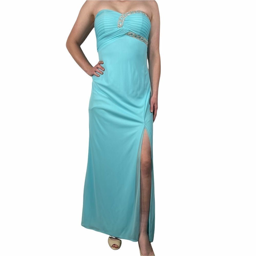 Blondie Nites Baby Blue Side Slit Strapless Dress